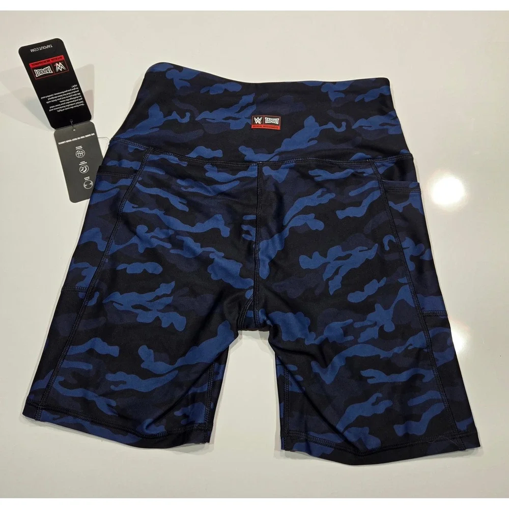 WWE Tapout Medium Blue Camo High Waist Pocket Bike Shorts Womens Activewear - Picture 3 of 8